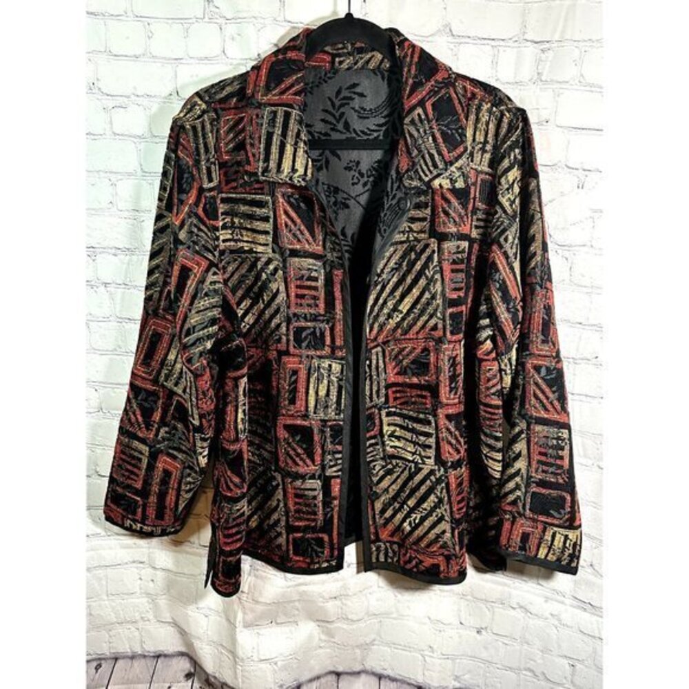 LADIES JACKET/BLAZER WORN TWO WAY - PLAIN BLACK OR PRINT SIDE   WORN ONCE  NO TA